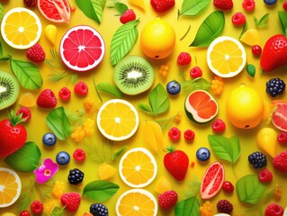 Poster - A colorful fruit salad with a variety of fruits including oranges, kiwis, strawberries, and blueberries