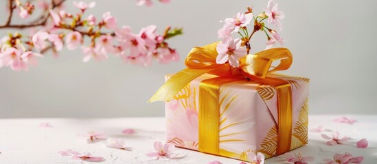 Wall Mural - Colorful gift box with a yellow and golden ribbon bow, adorned with cherry blossom sakura flowers, displayed on a table with a white background for a copy space image.