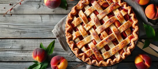 Poster - A pie with nectarines displayed on a gray wooden table with soft focus enhancing the aesthetic appeal of the copy space image.