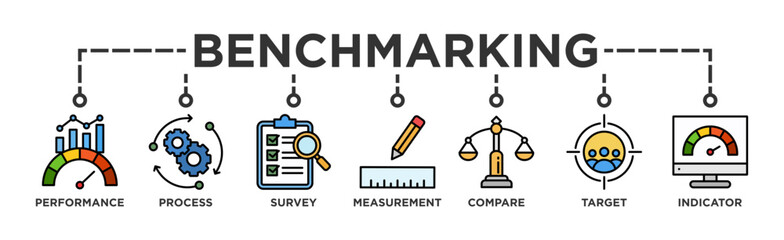 Benchmarking banner web icon vector illustration concept for the idea of business development and improvement with an icon of performance, process, survey, measurement, compare, target, and indicator
