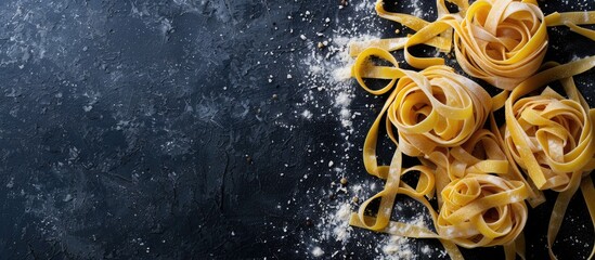 Poster - Tagliatelle pasta displayed on a dark surface sprinkled with flour, offering an Italian pasta recipe with a top-view perspective and copy space image.