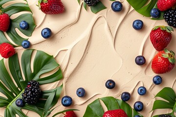 Wall Mural - Berries and Tropical Leaves on Sand-Colored Background: An assortment of fresh berries--strawberries, blueberries