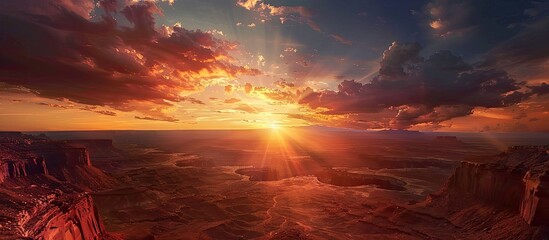 Poster - Scenic sunset over the stunning landscape provides ample copy space for various uses.