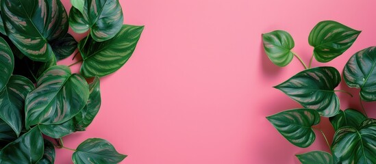 Aufkleber - Top view of green leaves on a pink paper background with available space for your text or design, creating a minimalistic summer concept image. Copy space image. Place for adding text and design