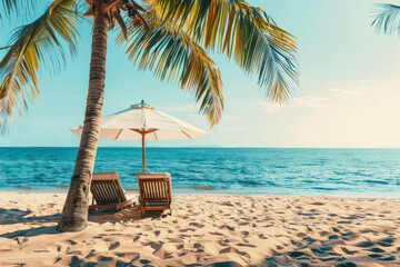 Two sun loungers under palm trees facing the ocean on a sunny day.