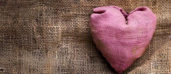Wall Mural - Paper pink heart displayed on background of jute sacks, providing space for copying images.