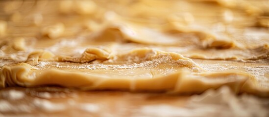 Sticker - Close-up of raw pastry dough on a kitchen table, with ample copy space image.