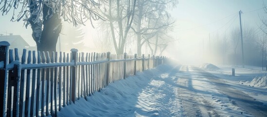 Poster - Winter street with a vintage fence covered in frost in a haze, ideal for copy space image.