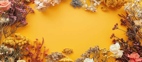 Wall Mural - Dried flowers arranged in a frame on a yellow background for a flat lay top view with room for additional content in the image.