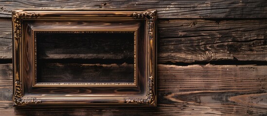 Poster - Wooden antique frame displayed on a wooden background with copy space image available.