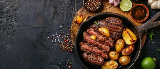 Poster - A juicy beef steak with potatoes on a dark background, accompanied by a cast iron pan and wooden plate topped with squeezed lime, providing free copy space image.