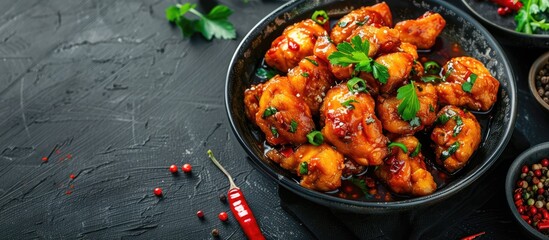 Wall Mural - Delicious sweet and sour chicken served in a bowl with spices on a dark backdrop featuring copy space image.
