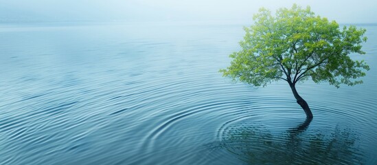 Aufkleber - Tree with green leaves against a backdrop of rippling blue water, providing a serene copy space image.