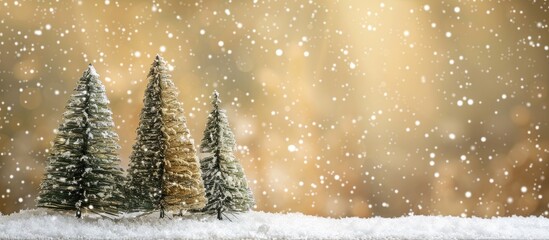 Poster - A festive scene is depicted in the photo, showing artificial Christmas trees on snowy ground against a gold backdrop, adding elegance to the winter wonderland with copy space image.