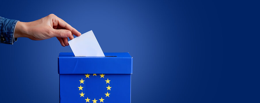 Hand putting paper into a blue ballot box with a European flag on it, isolated on a dark background