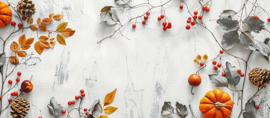 Poster - Festive fall decoration with pumpkins, leaves, and berries on a white rustic backdrop, creating a flat lay design with a blank area for inserting text or images. Copy space image