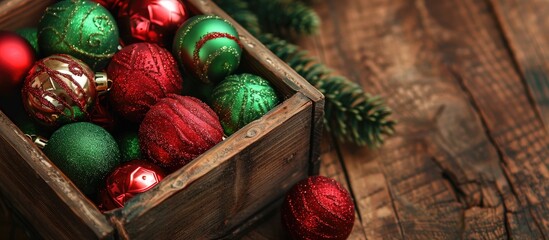 Wall Mural - A wooden box filled with shiny red and green Christmas tree balls, displayed over a festive copy space image.