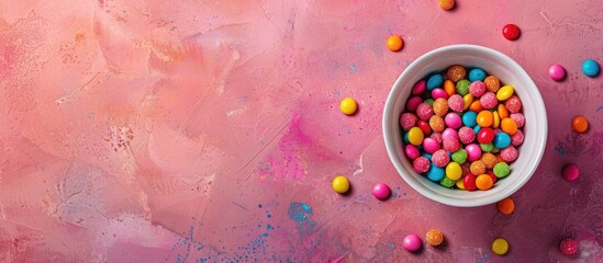 Poster - Colorful candies in a bowl against a vibrant backdrop, depicting a festive theme. View from above featuring copy space image.