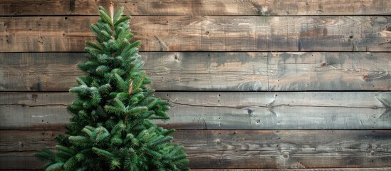 Poster - A Christmas fir tree displayed on a wooden backdrop with copy space image.