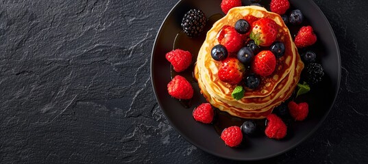 Wall Mural - Deluxe Pancake Stack and Fresh Berries on Black Background: An indulgent top-down view