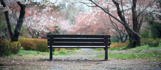 Leinwandbilder - An empty bench with no people around in a garden, set against a backdrop of blossoming cherry blossom trees (sakura tree), with copy space image.