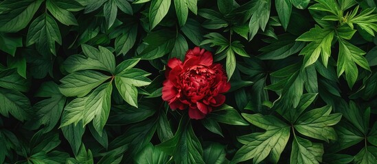 Poster - Top view of a red peony in bloom amidst lush greenery, ideal for a postcard design featuring copy space and perfect for occasions like Mother's Day and Women's Day in the vibrant spring garden