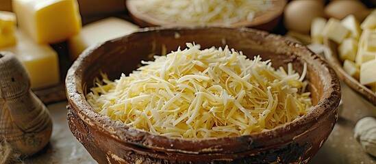 Wall Mural - A digital combination showcasing a text for National Cheese Day, with shredded cheese in a bowl on a table, leaving room for additional images or text.