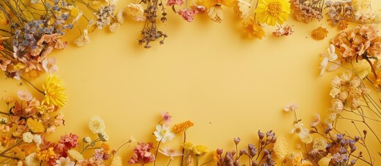 Aufkleber - Dried flowers arranged in a frame on a yellow background for a flat lay top view with room for additional content in the image.