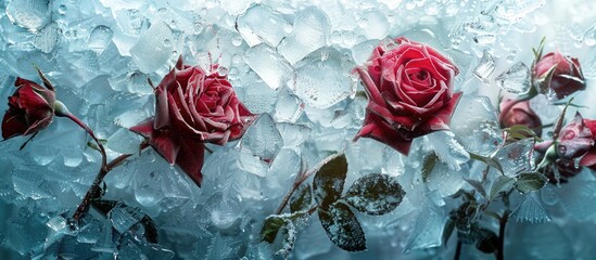 Poster - Roses trapped beneath the ice, creating a charming winter scene with a copy space image.