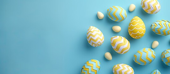 Aufkleber - Top view of yellow paper-crafted eggs on a blue backdrop, portraying an Easter and spring theme, with ample copy space in the image.