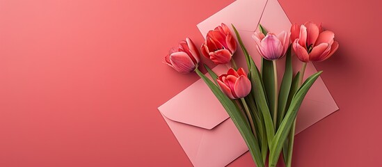 Fototapete - Spring-themed greeting card mockup featuring a flower arrangement, envelope, and copy space image for text.