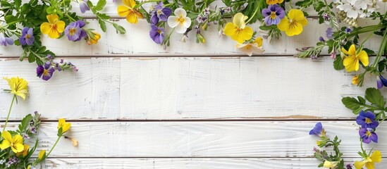 Poster - A white wooden table adorned with yellow and purple flowers, providing ample copy space image.