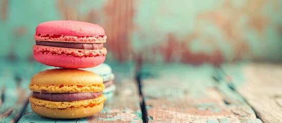 Canvas Print - Colorful macarons displayed on a retro background with copy space image. A vintage filter enhances the scene.