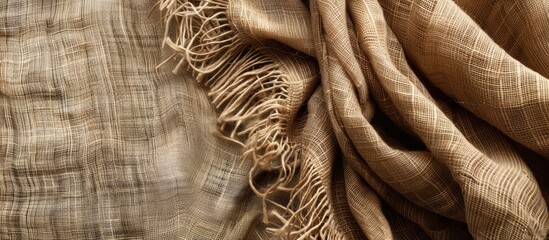 Leinwandbilder - Bright fabric textile with jute bagging ribbon on a natural linen background, featuring copy space image.