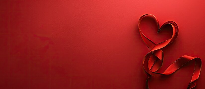 A heart-shaped ribbon on a red backdrop with ample copy space for holiday greeting cards like Valentine's Day, Women's Day, Birthday, and Mother's Day. Top view in horizontal orientation.