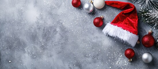 Poster - Modern Christmas flat lay with ornaments and a Santa hat, arranged in a stylish winter layout, suitable for a holiday greeting card with copy space image.