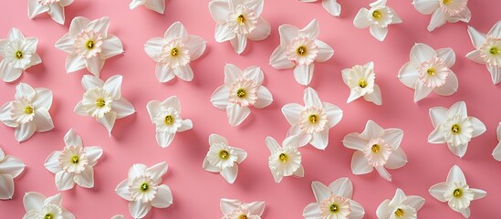 Aufkleber - Top view of white daffodils on a pink backdrop with room for text or other elements in the image. Copy space image. Place for adding text and design