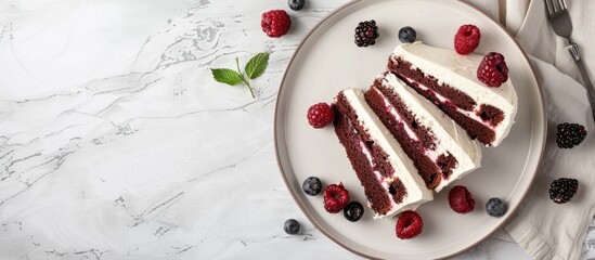 Poster - Bird's eye view of cake slices on a plate garnished with berries, allowing room for a copy space image.
