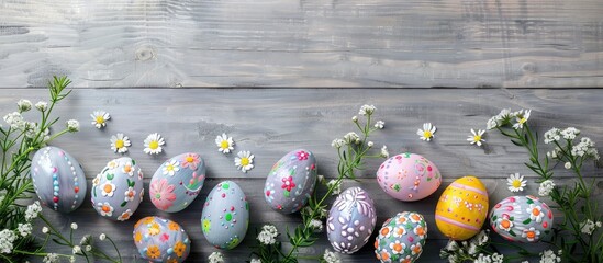 Wall Mural - Gray wooden background adorned with Easter eggs featuring floral designs, providing copy space image.