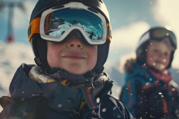 Wall Mural - A young boy wearing a black and orange helmet and goggles is smiling at the camera. He is wearing a black jacket and a yellow scarf. A girl is standing next to him, also wearing a helmet and goggles