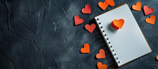 Poster - Copy space image of heart shapes on a blank notepad against a dark backdrop.