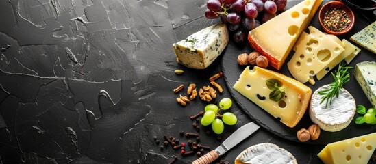 Assortment of cheeses displayed on a cheese platter with grapes, nuts, knife, and spices on a black tiled background with copy space image.