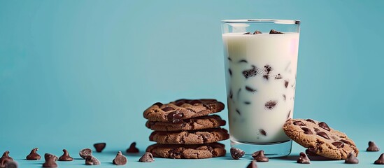 Fototapete - Blue background enhances the milk and chocolate cookies in the copy space image.