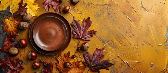 Aufkleber - Top view of an artistic fall arrangement with a plate on dry leaves, chestnuts, and various items against a yellow and ocher backdrop, ideal for adding text. Copy space image