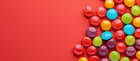 Poster - Vibrant circular candy on a red backdrop with ample copy space image.