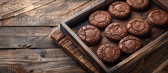 Fototapete - Delicious family snack of brown chocolate cookies on a wooden tray with copy space image.