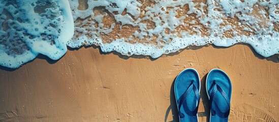 Wall Mural - Navy blue sandals on a sunny beach with copy space image. Evoking holiday and travel vibes from a top-down perspective.