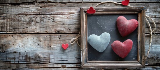 Aufkleber - Photo frame and heart shapes on a rustic wooden background with copy space image.
