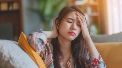 Young woman gets sick fever flu rest on sofa tired uncomfortable face hands touching forehead eye closed not feeling well Asian female long hair blurred living room background