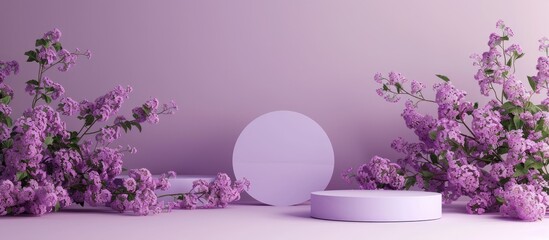 Sticker - Lilac background with blooming branch and decorative podiums offering copy space image.